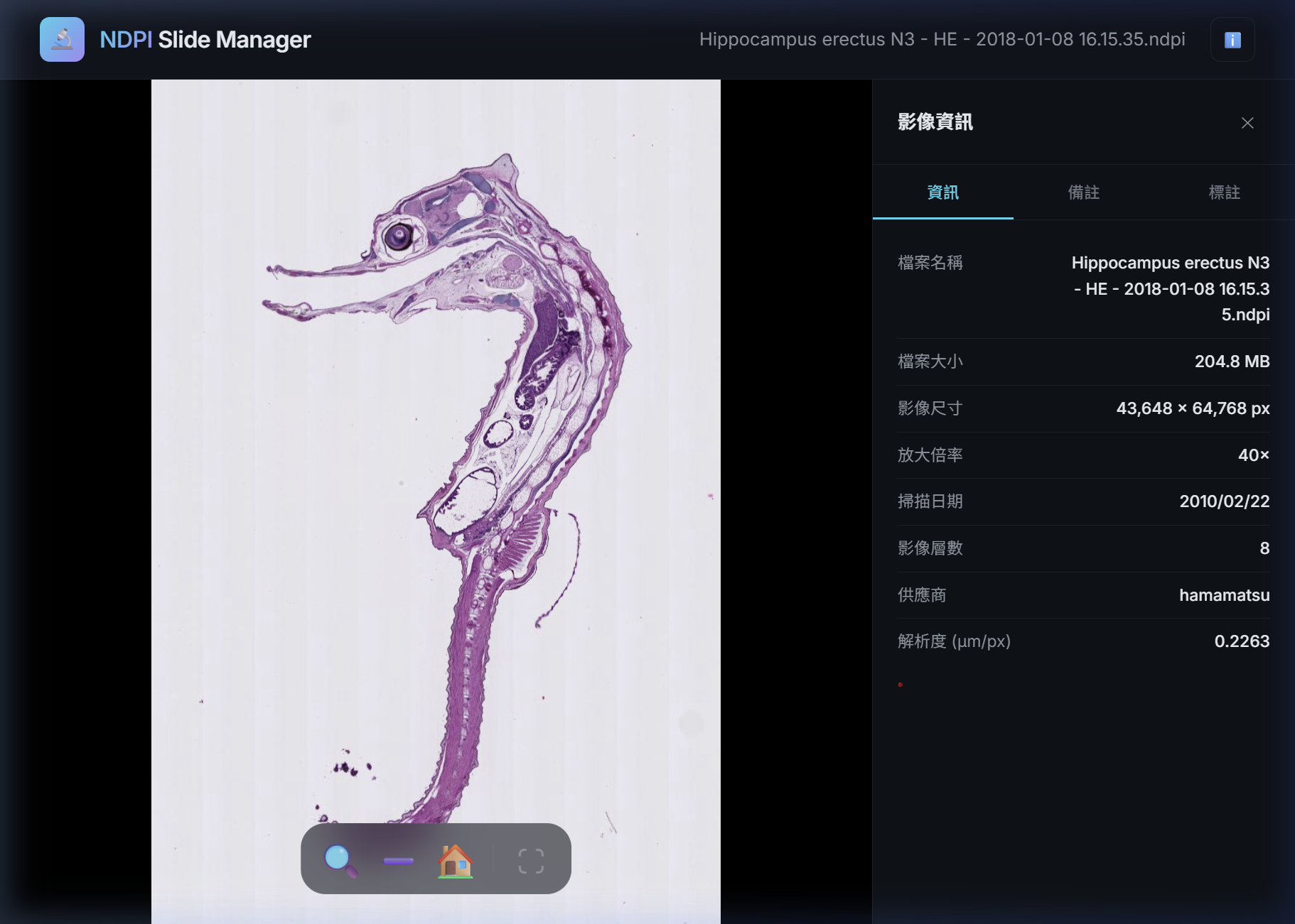 NDPI Slide Manager - 海馬 HE 染色全景切片瀏覽器